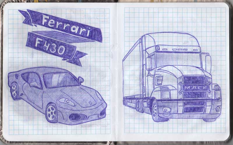 Феррари F430 и фура MAN нарисованные шариковой ручкой